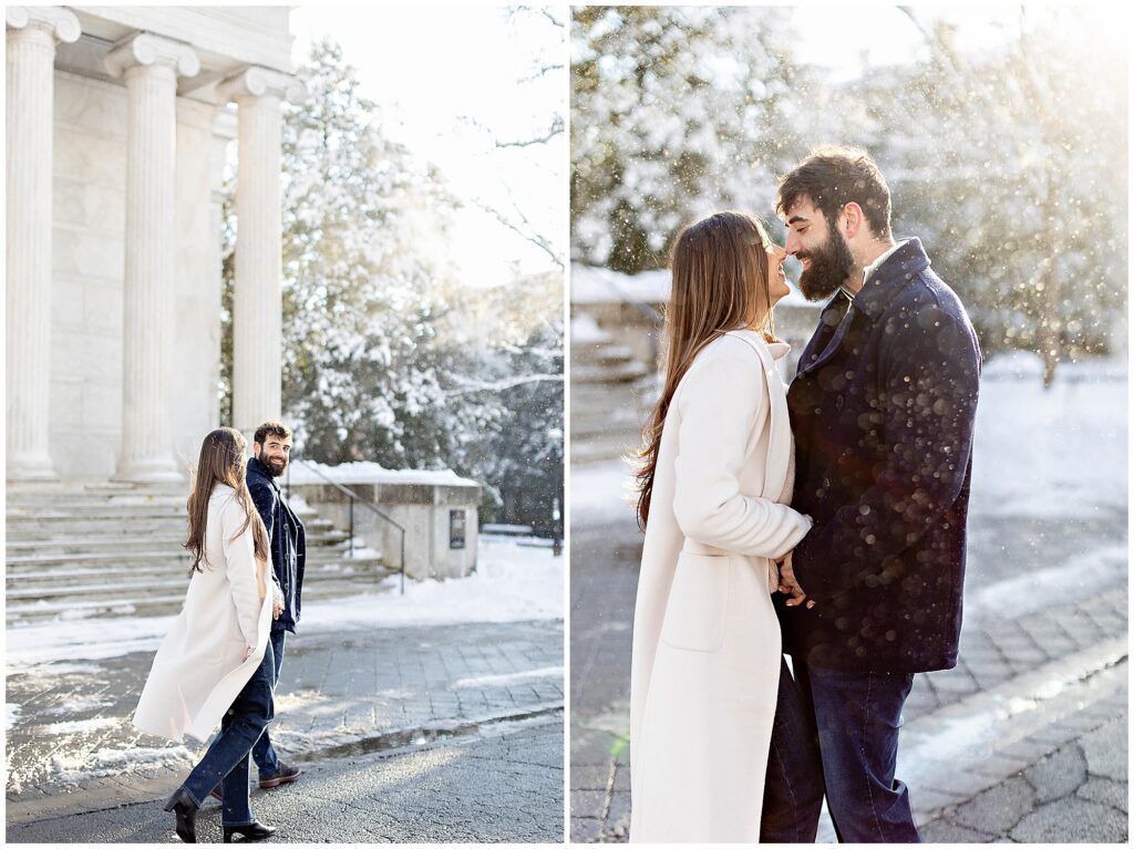 Winter engagement session at Princeton University with sparkling snow flurries and a couple in classic overcoats.