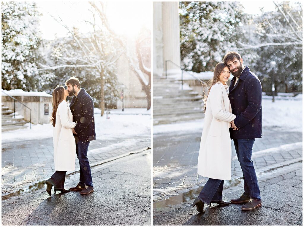 Winter engagement session at Princeton University with sparkling snow flurries and a couple in classic overcoats.