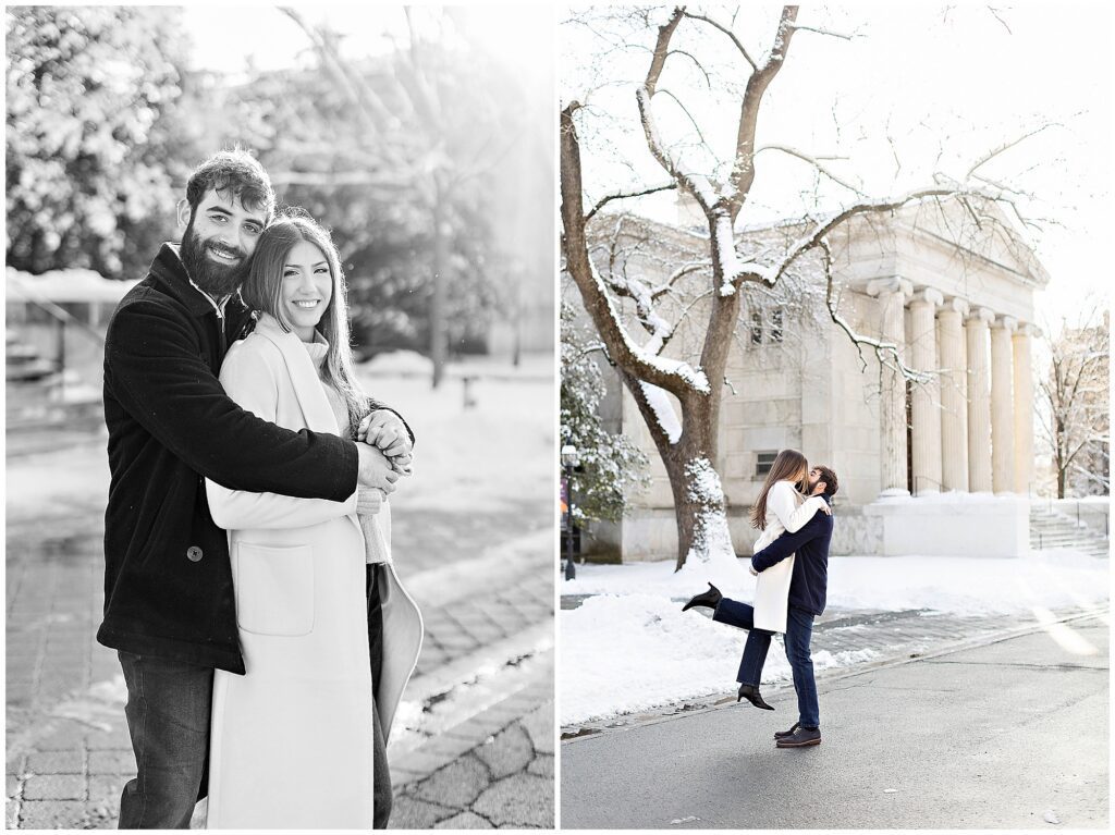 Winter engagement session at Princeton University with sparkling snow flurries and a couple in classic overcoats.