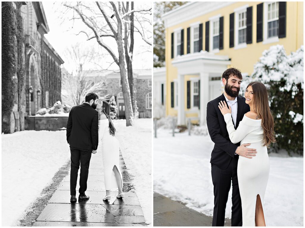 Editorial winter engagement at Princeton University featuring a bride in a fitted white dress and groom in a black suit.