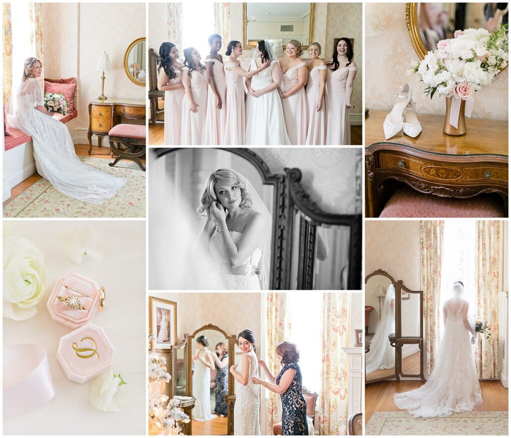 Cairnwood Estate bridal suite wedding preparations featuring natural light portraits, bridesmaids, and historic architectural details.