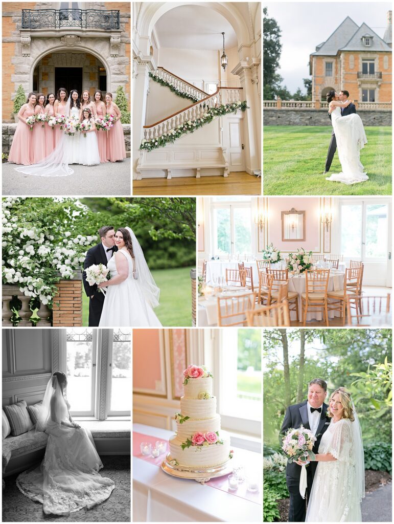 Cairnwood Estate wedding reception gallery featuring grand staircase portraits, garden portraits, music room reception, grand hall floral decor and wedding party portraits.