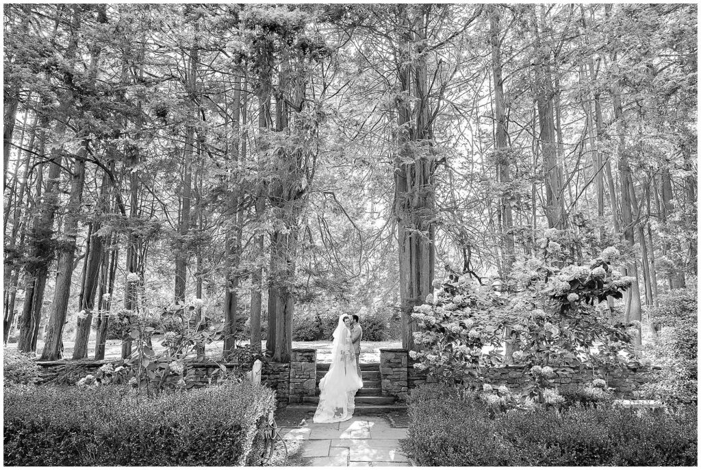 Philadelphia garden wedding portraits reflecting pool Ridley Creek