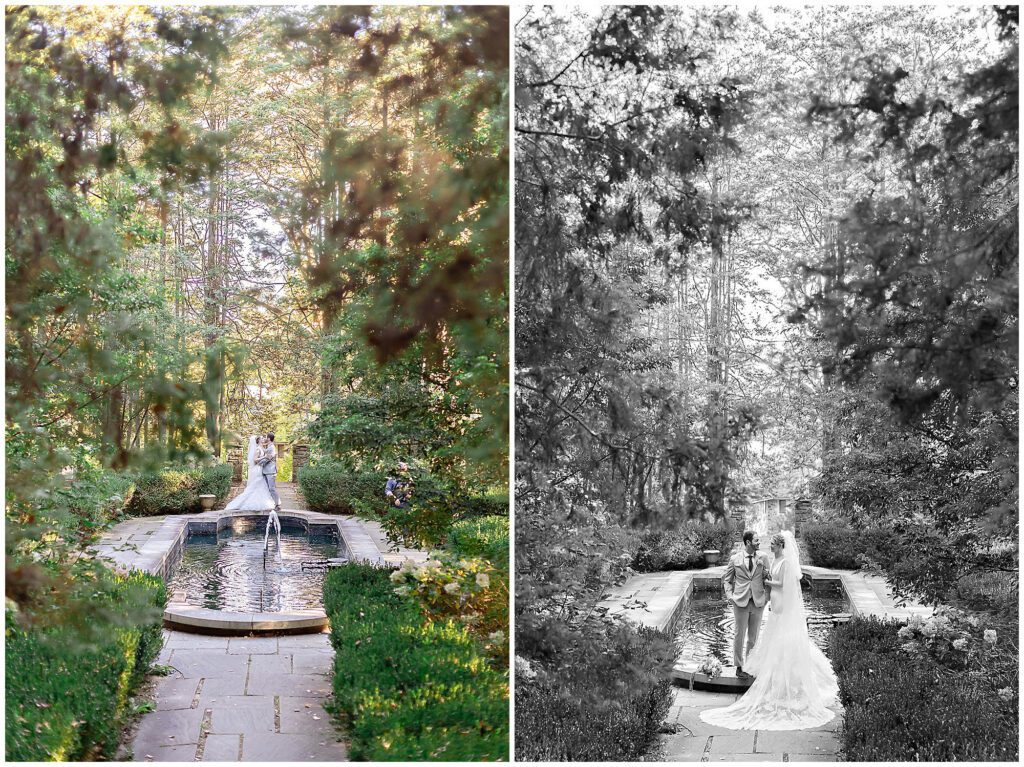 Philadelphia garden wedding portraits reflecting pool