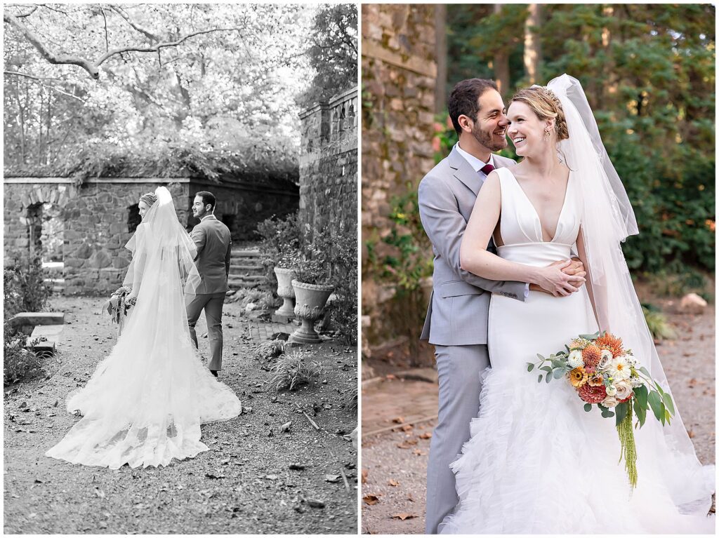 bride and groom walking stone stairs Parque